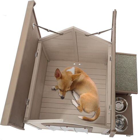 Ufyerutg Outdoor Dog House, Waterproof Wooden Puppy Shelter with Water Bowl, Food Bowl & Storage Box, Indoor Outside Open Roof Dog House for Small Medium Dogs in Kuwait