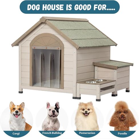 Ufyerutg Outdoor Dog House, Waterproof Wooden Puppy Shelter with Water Bowl, Food Bowl & Storage Box, Indoor Outside Open Roof Dog House for Small Medium Dogs in Kuwait