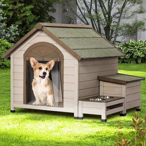 Ufyerutg Outdoor Dog House, Waterproof Wooden Puppy Shelter with Water Bowl, Food Bowl & Storage Box, Indoor Outside Open Roof Dog House for Small Medium Dogs in Kuwait