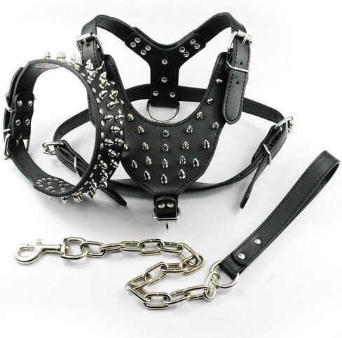 Benala Adjustable Spiked Studded Leather Dog Harness Collar & Leash 3Pcs Set for Medium Large Dogs Breeds Boxer Bull Terrier Pit Bull,Black,XL in Saudi Arabia