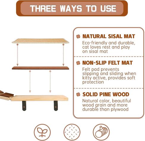 Calmbee Cat Wall Shelves, Cat Wall Furniture Cat Bridge with 2 Mats Wall Mount Cat Perch Wooden Hammock Cat Tree Cat Climber Cat Cloud Shelf Board Cat Bed in Kuwait