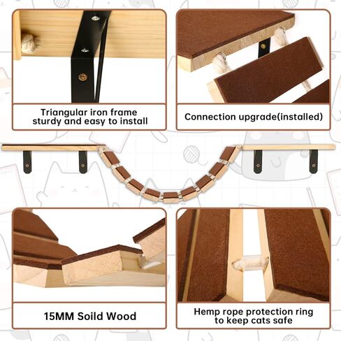 Calmbee Cat Wall Shelves, Cat Wall Furniture Cat Bridge with 2 Mats Wall Mount Cat Perch Wooden Hammock Cat Tree Cat Climber Cat Cloud Shelf Board Cat Bed in Kuwait