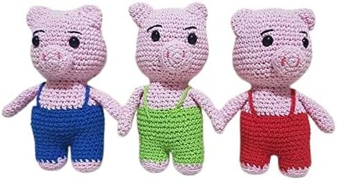 Three Little Pigs And Big Bad Wolf Amigurumi Stuffed Toy Doll Handmade in Saudi Arabia