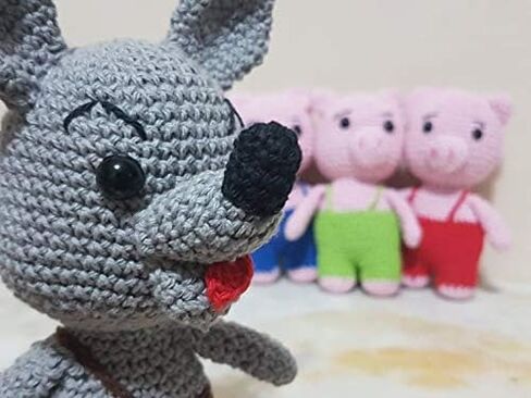 Three Little Pigs And Big Bad Wolf Amigurumi Stuffed Toy Doll Handmade in Saudi Arabia
