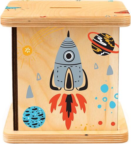 بنك Rocket Ship Piggy Bank، بنك اسم شخصي، بنك عملات خشبية، مصنوع يدويًا في الولايات المتحدة الأمريكية in Kuwait