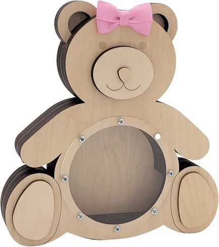 Personalized Wooden Money Piggy Bank - Bear with Bow or Ribbon - Perfect Gift for Boys, Girls, Adults - Box for Coins, Tips, Savings in Saudi Arabia