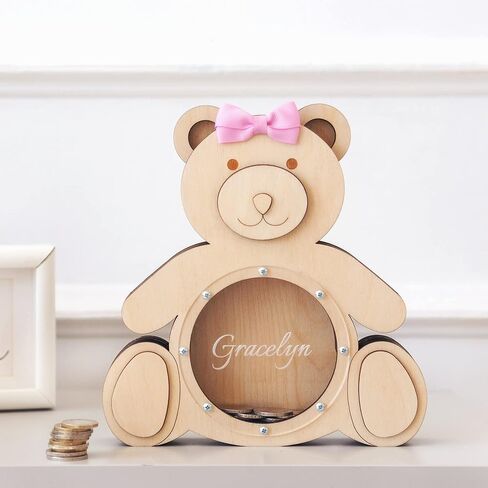 Personalized Wooden Money Piggy Bank - Bear with Bow or Ribbon - Perfect Gift for Boys, Girls, Adults - Box for Coins, Tips, Savings in Saudi Arabia