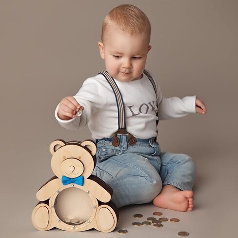 Personalized Wooden Money Piggy Bank - Bear with Bow or Ribbon - Perfect Gift for Boys, Girls, Adults - Box for Coins, Tips, Savings in Saudi Arabia