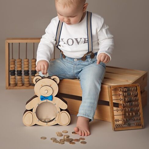 Personalized Wooden Money Piggy Bank - Bear with Bow or Ribbon - Perfect Gift for Boys, Girls, Adults - Box for Coins, Tips, Savings in Saudi Arabia
