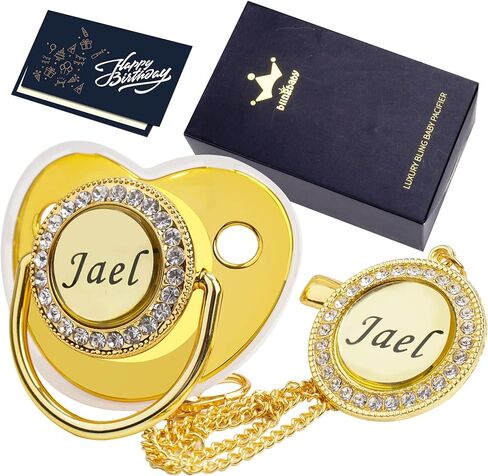 Custom Pacifier Clip with Name,chupetes Para Bebes Personalizados,BPA Free,suitable for Baby Birthday Party,gender Reveal,christening,ideal Gift for New Born Babies (Gold) in Kuwait