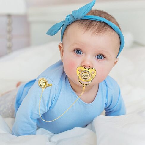 Custom Pacifier Clip with Name,chupetes Para Bebes Personalizados,BPA Free,suitable for Baby Birthday Party,gender Reveal,christening,ideal Gift for New Born Babies (Gold) in Kuwait