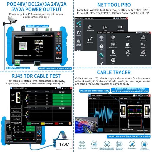 جهاز اختبار CCTV من Rsrteng، IPC-9800CADHS Plus+ جهاز اختبار كاميرا IP 4K بدقة 12 ميجابكسل مع جهاز تتبع الكابل 8 ميجابكسل CVI TVI AHD SDI CVBS جهاز اختبار الكاميرا المحورية 7 بوصة دعم شاشة اللمس H.265 HDMI VGA TDR POE WiFi RS485 IPC Tester in Kuwait