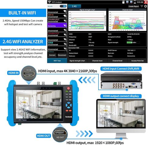 جهاز اختبار CCTV من Rsrteng، IPC-9800CADHS Plus+ جهاز اختبار كاميرا IP 4K بدقة 12 ميجابكسل مع جهاز تتبع الكابل 8 ميجابكسل CVI TVI AHD SDI CVBS جهاز اختبار الكاميرا المحورية 7 بوصة دعم شاشة اللمس H.265 HDMI VGA TDR POE WiFi RS485 IPC Tester in Kuwait