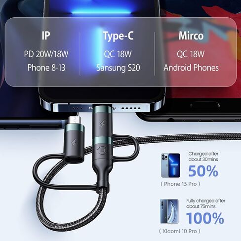 3-in-1 USB C Multi Fast Charging Cable 60W 4FT Nylon Multi Charger in Kuwait