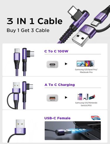 AINOPE 10 FT USB C Cable Fast Charging, 240W USB-C Charge Cable with Adapter, Fast Charger USB C Cable Supports 100W, Right Angle USB C Fit MacBook Pro/Air, iPad Pro/Air, iPhone 17/16/15, 10FT Grey | Fast Charger USB C Cable Supports 100W, Right Angle USB in Kuwait