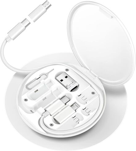 طقم محول USB C إلى Lightning من HESIMING، جراب كابل شحن متعدد محول USB C إلى جهاز C/iOS من النوع C/محول صغير مجموعة كابل بيانات السفر تحتوي على مساحة تخزين للبطاقات، وحامل هاتف، ودبوس إخراج صينية (أبيض) in Kuwait