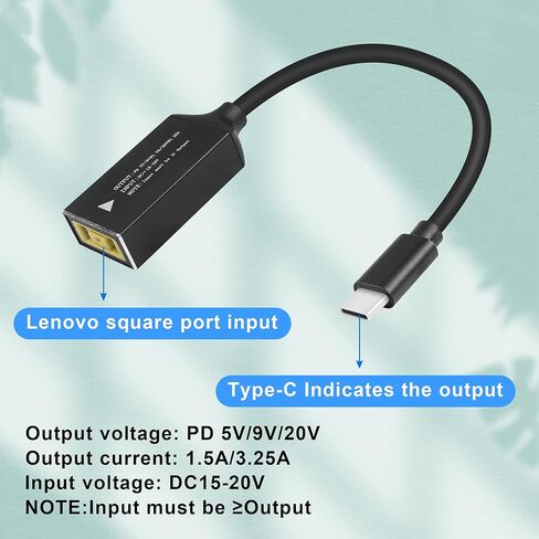 GINTOOYUN PD65W كابل شحن Lenovo Square Mouth إلى USB-C كابل محول الطاقة لشاحن Lenovo Square Mouth إلى Type-C لأجهزة الكمبيوتر المحمولة والهواتف المحمولة والأجهزة اللوحية وأجهزة الشحن وما إلى ذلك (7 بوصة) (فم Lenovo المربع) in Kuwait