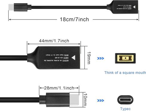 GINTOOYUN PD65W كابل شحن Lenovo Square Mouth إلى USB-C كابل محول الطاقة لشاحن Lenovo Square Mouth إلى Type-C لأجهزة الكمبيوتر المحمولة والهواتف المحمولة والأجهزة اللوحية وأجهزة الشحن وما إلى ذلك (7 بوصة) (فم Lenovo المربع) in Kuwait