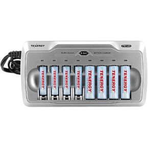 Tenergy TN145 8 Bay Charger and 4 Pack Rechargeable AA Batteries and 4 Pack Rechargeable AAA Batteries, Independent Charging, UL & CE Certified in Saudi Arabia