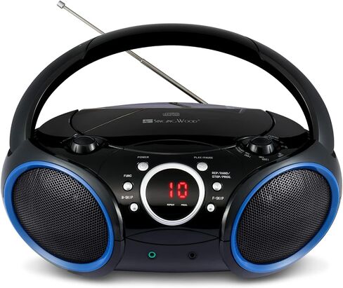 SBX030C Portable CD Player Boombox with AM/FM Stereo Radio, Aux Line-in, Headphone Jack, Top-Loading Disc Player, AC or Battery Powered, Foldable Handle (Black with Grey Rims) in Saudi Arabia