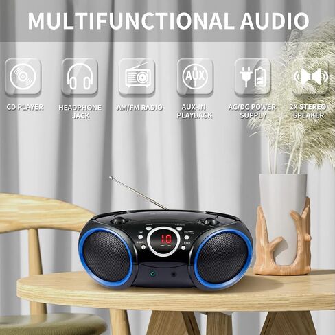SBX030C Portable CD Player Boombox with AM/FM Stereo Radio, Aux Line-in, Headphone Jack, Top-Loading Disc Player, AC or Battery Powered, Foldable Handle (Black with Grey Rims) in Saudi Arabia