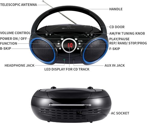 SBX030C Portable CD Player Boombox with AM/FM Stereo Radio, Aux Line-in, Headphone Jack, Top-Loading Disc Player, AC or Battery Powered, Foldable Handle (Black with Grey Rims) in Saudi Arabia
