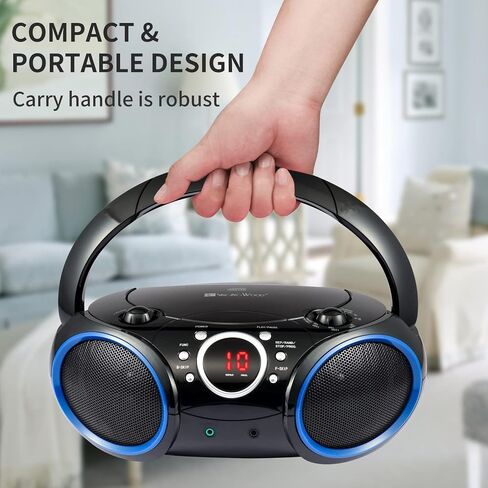 SBX030C Portable CD Player Boombox with AM/FM Stereo Radio, Aux Line-in, Headphone Jack, Top-Loading Disc Player, AC or Battery Powered, Foldable Handle (Black with Grey Rims) in Saudi Arabia