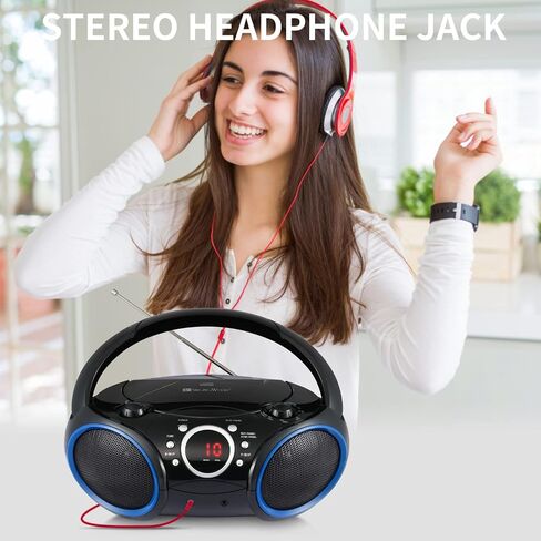 SBX030C Portable CD Player Boombox with AM/FM Stereo Radio, Aux Line-in, Headphone Jack, Top-Loading Disc Player, AC or Battery Powered, Foldable Handle (Black with Grey Rims) in Saudi Arabia