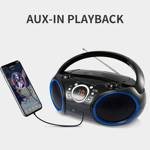 SBX030C Portable CD Player Boombox with AM/FM Stereo Radio, Aux Line-in, Headphone Jack, Top-Loading Disc Player, AC or Battery Powered, Foldable Handle (Black with Grey Rims) in Saudi Arabia