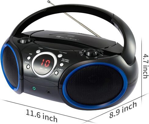 SBX030C Portable CD Player Boombox with AM/FM Stereo Radio, Aux Line-in, Headphone Jack, Top-Loading Disc Player, AC or Battery Powered, Foldable Handle (Black with Grey Rims) in Saudi Arabia