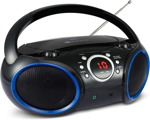 SBX030C Portable CD Player Boombox with AM/FM Stereo Radio, Aux Line-in, Headphone Jack, Top-Loading Disc Player, AC or Battery Powered, Foldable Handle (Black with Grey Rims) in Saudi Arabia