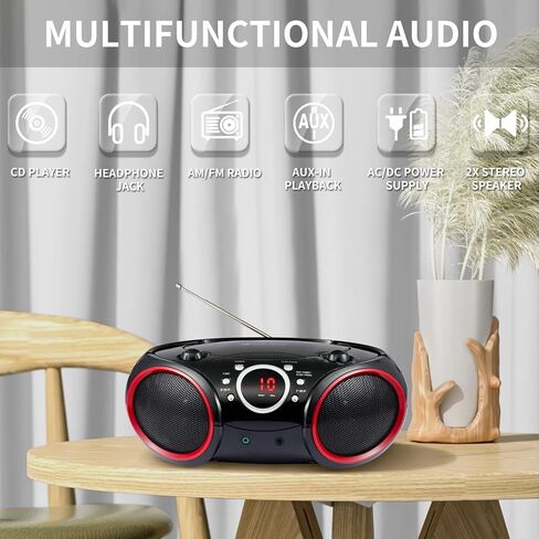 SBX030C Portable CD Player Boombox with AM/FM Stereo Radio, Aux Line-in, Headphone Jack, Top-Loading Disc Player, AC or Battery Powered, Foldable Handle (Black with Grey Rims) in Saudi Arabia