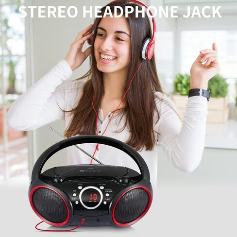 SBX030C Portable CD Player Boombox with AM/FM Stereo Radio, Aux Line-in, Headphone Jack, Top-Loading Disc Player, AC or Battery Powered, Foldable Handle (Black with Grey Rims) in Saudi Arabia