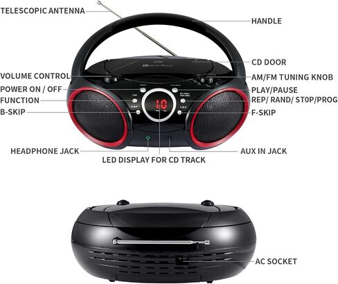 SBX030C Portable CD Player Boombox with AM/FM Stereo Radio, Aux Line-in, Headphone Jack, Top-Loading Disc Player, AC or Battery Powered, Foldable Handle (Black with Grey Rims) in Saudi Arabia