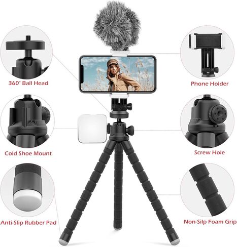 حامل ثلاثي للهاتف الخلوي من Aureday، حامل ثلاثي صغير مرن مع جهاز تحكم عن بعد وحذاء بارد، حامل ثلاثي صغير لتسجيل الفيديو، تسجيل الفيديو، متوافق مع الميكروفونات، الهاتف المحمول، الكاميرا، Gopro in Kuwait