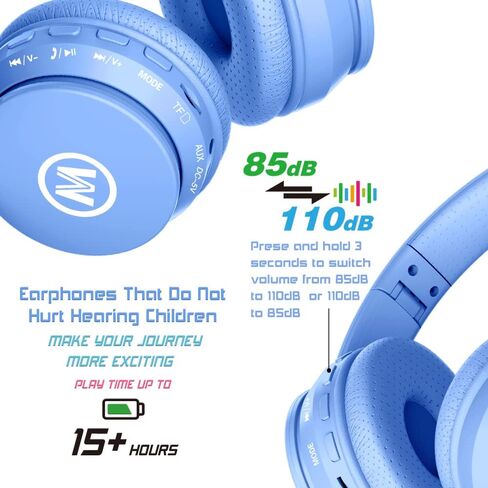 Mokata Headphones Kids Bluetooth 5.4 Wireless Play Time 68H Safe Volume Limit 85/94dB Over-Ear Foldable Headset,Fast Charging,with Aux Cord Built-in Mic for Toddler Child Pad Study Tablet Blue in Kuwait