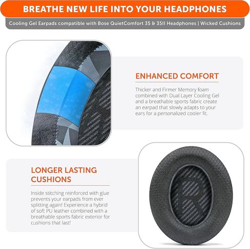 WC Freeze QC35 - Cooling Gel Ear Pads for Bose QuietComfort 35 & 35ii | Made by Wicked Cushions | Breathable Sports Fabric, Extra Thick & Cooler for Longer | Black in Kuwait