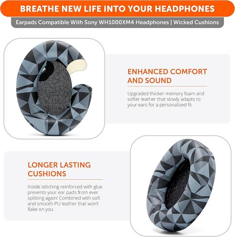 WC PadZ WH1000XM4 - Extra Thick Earpads for Sony WH1000XM4 | Made by Wicked Cushions | Soft PU Leather, Luxurious Memory Foam, Added Thickness Without Disabling Sensor | Black in Kuwait