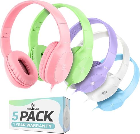 Sonitum Kids Headphones for School Bulk Set 5-Pack On-Ear, 3.5mm, Wired Headphones for Schools & Libraries – Adjustable, Cushioned Wired Kids, (Mixed Colors) in Kuwait