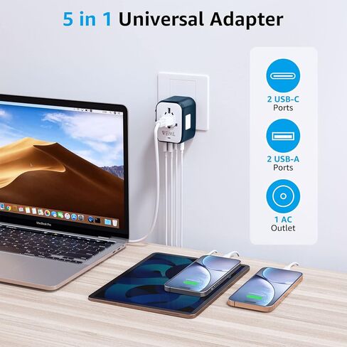 محول السفر العالمي Weimil، محول التوصيل الدولي مع منفذين USB-C ومنفذين USB-A، محول السفر محول منفذ عالمي للولايات المتحدة الأمريكية والاتحاد الأوروبي والمملكة المتحدة وأستراليا in Saudi Arabia