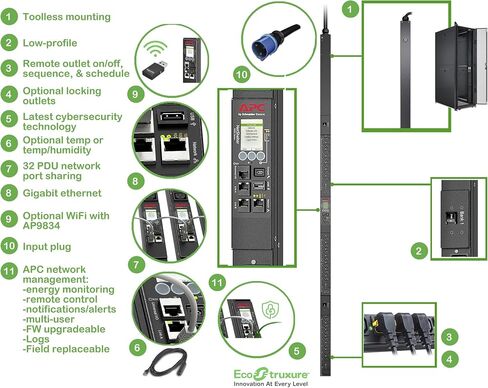 APC NetShelter Switched Rack PDU, 9000 Series, APDU9941, 0U Vertical, 200V-240V, 30A, NEMA L6-30P, 9.8' Cord, Black in Kuwait