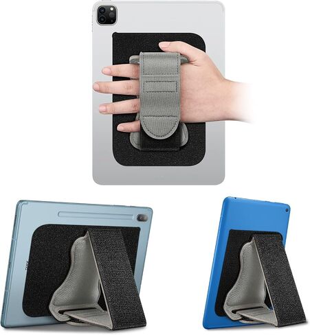 FINTIE Universal Tablet Hand Strap Holder for 7-11" Tablets, Black | [Dual Stand Supports] Detachable Padded Hook & Loop Fastening Handle Grip with Adhesive Patch for iPad/Galaxy Tab Tablets in Kuwait