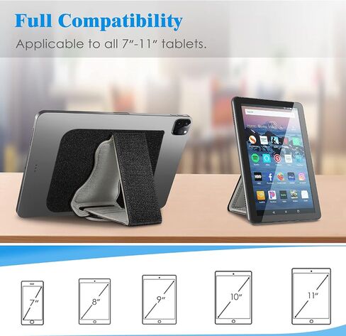 FINTIE Universal Tablet Hand Strap Holder for 7-11" Tablets, Black | [Dual Stand Supports] Detachable Padded Hook & Loop Fastening Handle Grip with Adhesive Patch for iPad/Galaxy Tab Tablets in Kuwait