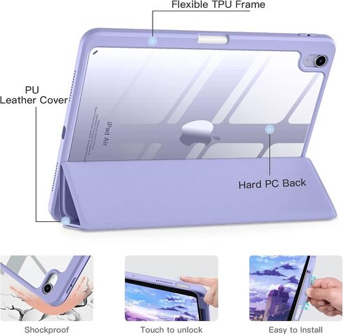 Wenlaty Compatible with iPad Air 11 Inch Case (M2) 2024 Release, for iPad Air 6th/5th/4th Generation Case (2024/2022/2020) 11/10.9 Inch with Pencil Holder, Slim Cover with Clear Back Shell, Black in Kuwait