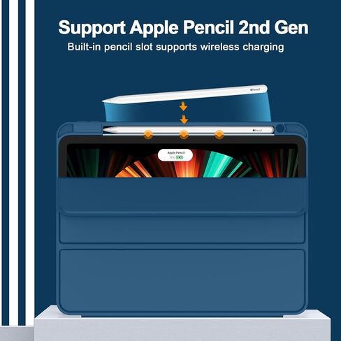 ZryXal New iPad Pro 12.9 Inch Case 2022/2021/2020(6th/5th/4th Gen) with Pencil Holder,Smart Case [Support Touch ID and Auto Wake/Sleep] with Auto 2nd Gen Pencil Charging (Midnight Green) in Kuwait