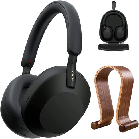 Sony WH-1000XM5 Wireless Industry Leading Noise Canceling Headphones, Black Bundle with Deco Gear Wood Headphone Display Stand and Protective Travel Carry Case in Kuwait