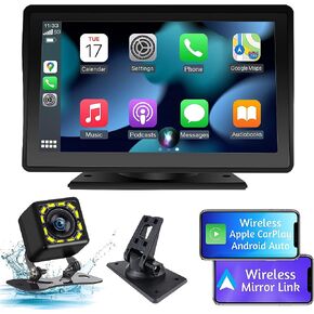 Apple Carplay & Android Auto لاسلكي مع شاشة لمس عالية الدقة 7 بوصة، ستيريو سيارة محمول، وصلة مرآة، بلوتوث، جهاز إرسال FM، التحكم الصوتي، Siri/Mic/مساعد مثبت على لوحة القيادة/كاميرا احتياطية in Kuwait