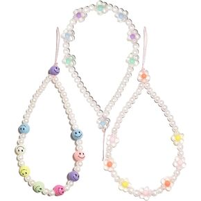 HOLAOCT Beaded Mobile Phone Lanyard Wrist Strap Y2K Cute Phone Charm Smiley Face Flower Phone Anti-Lost Chain for Women Girls