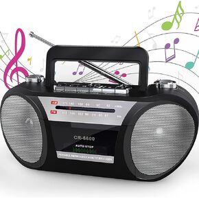 Jazmm Cassette Player AM FM Radio Boombox: شريط محمول ومسجل ريترو مكبر صوت ستيريو مزدوج، مقبس سماعة أذن قياسي، كاسيت Boombox مدعوم من 4 بطاريات خلوية D أو طاقة تيار متردد، أسود in Kuwait