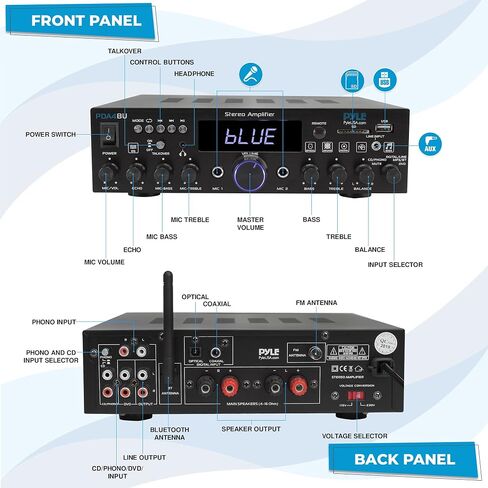 Pyle Wireless Bluetooth Stereo Power Amplifier - 200W Dual Channel Sound Audio Stereo Receiver System w/ RCA, USB, SD, MIC IN, FM Radio, For Home Theater Entertainment via RCA, Studio Use - PDA29BU in Saudi Arabia